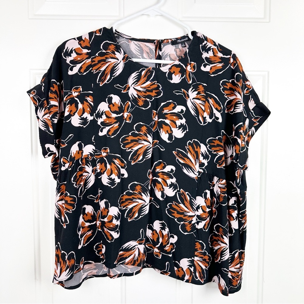 Madewell Black Floral Blouse with Brown and White Print